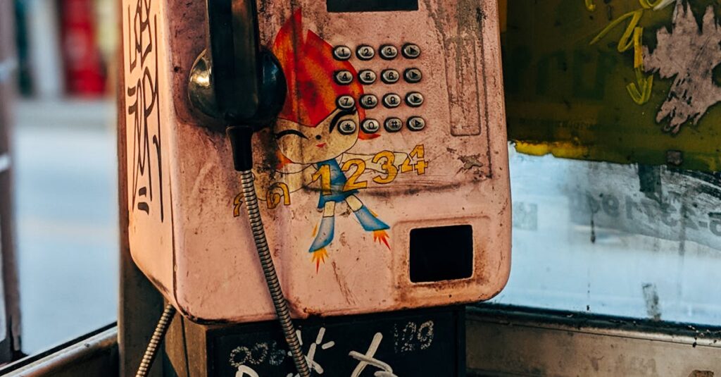 A retro phone booth with graffiti and urban decay creating a nostalgic vibe.